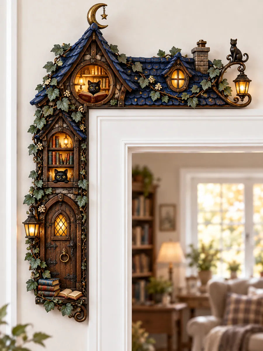 Mystical Midnight Library & Black Cat Door Corner Decor