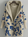 Cherry Blossom Japanese Lino Pattern Cozy Fleece Hooded Cardigan