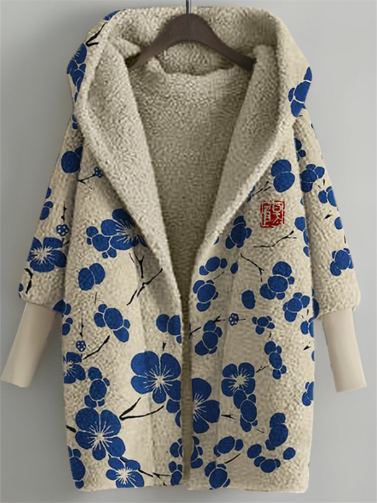 Cherry Blossom Japanese Lino Pattern Cozy Fleece Hooded Cardigan