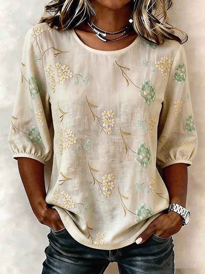 Women'S Cotton And Linen Art Print Top