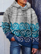 Men's Japanese Sea Waves Colorblock Cozy Knit Hooded Sweater