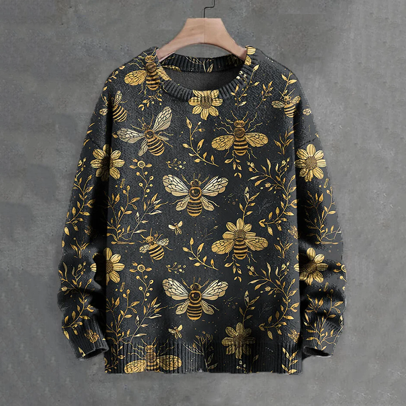 Men's Bees And Flowers Botanical Art Print Casual Knit Crew Neck Sweater