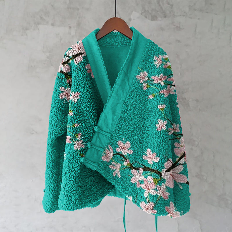Vintage Japanese Sakura Art Pattern Plush Cardigan