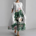 Women's Japanese Lotus Blossom And Crane Art Printed Casual Midi Dress