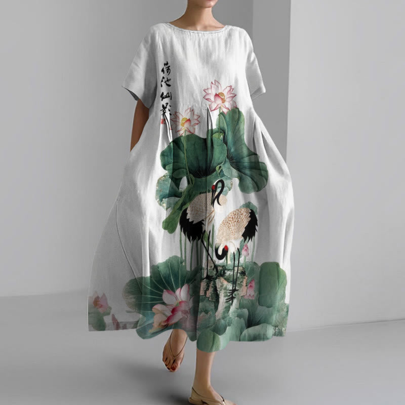 Women's Japanese Lotus Blossom And Crane Art Printed Casual Midi Dress