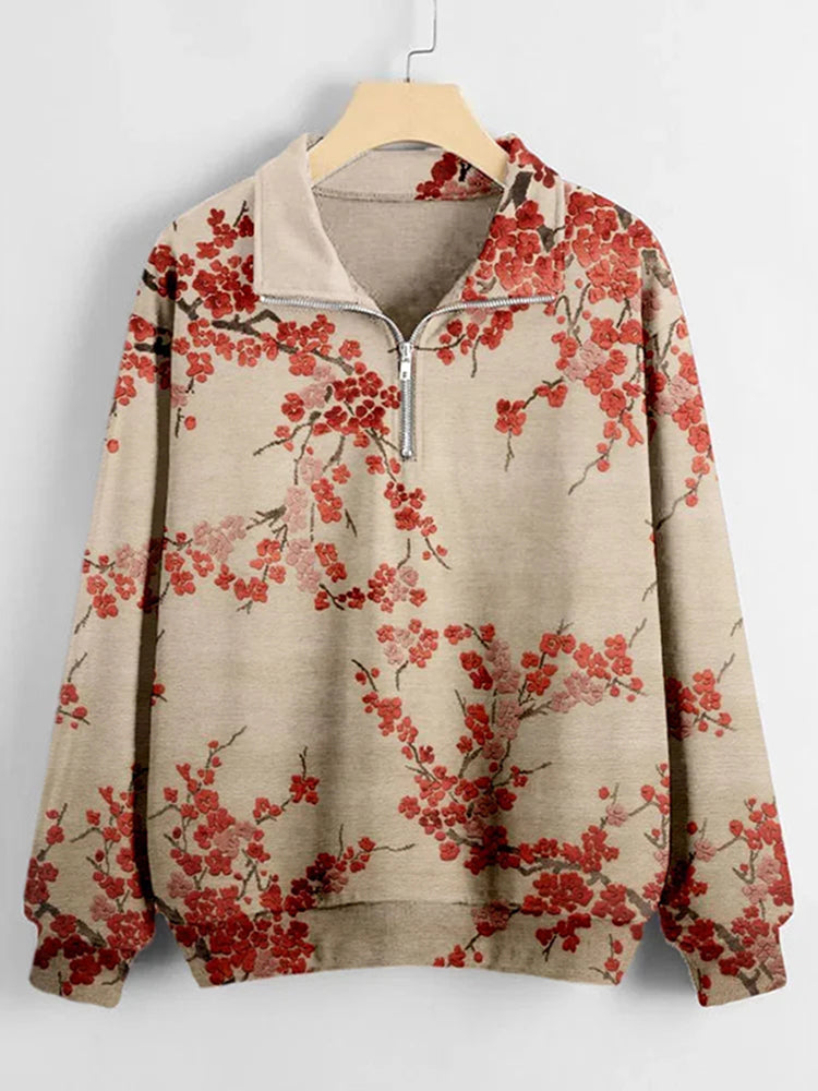 Women's Plum Blossom Embroidered Art Vintage Zip Up Sweatshirt