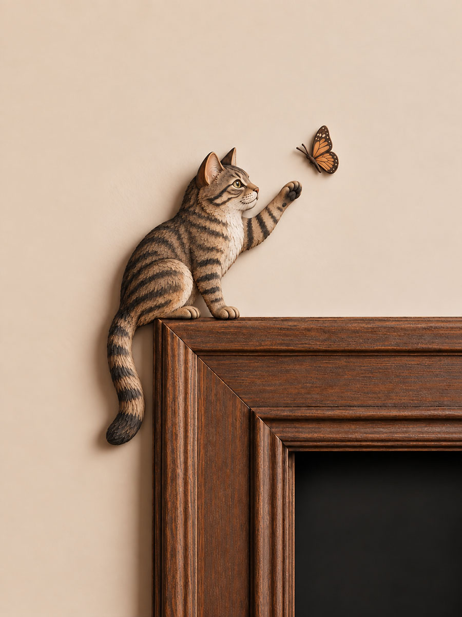 Playful Tabby Cat & Butterfly Door Frame Corner Decor