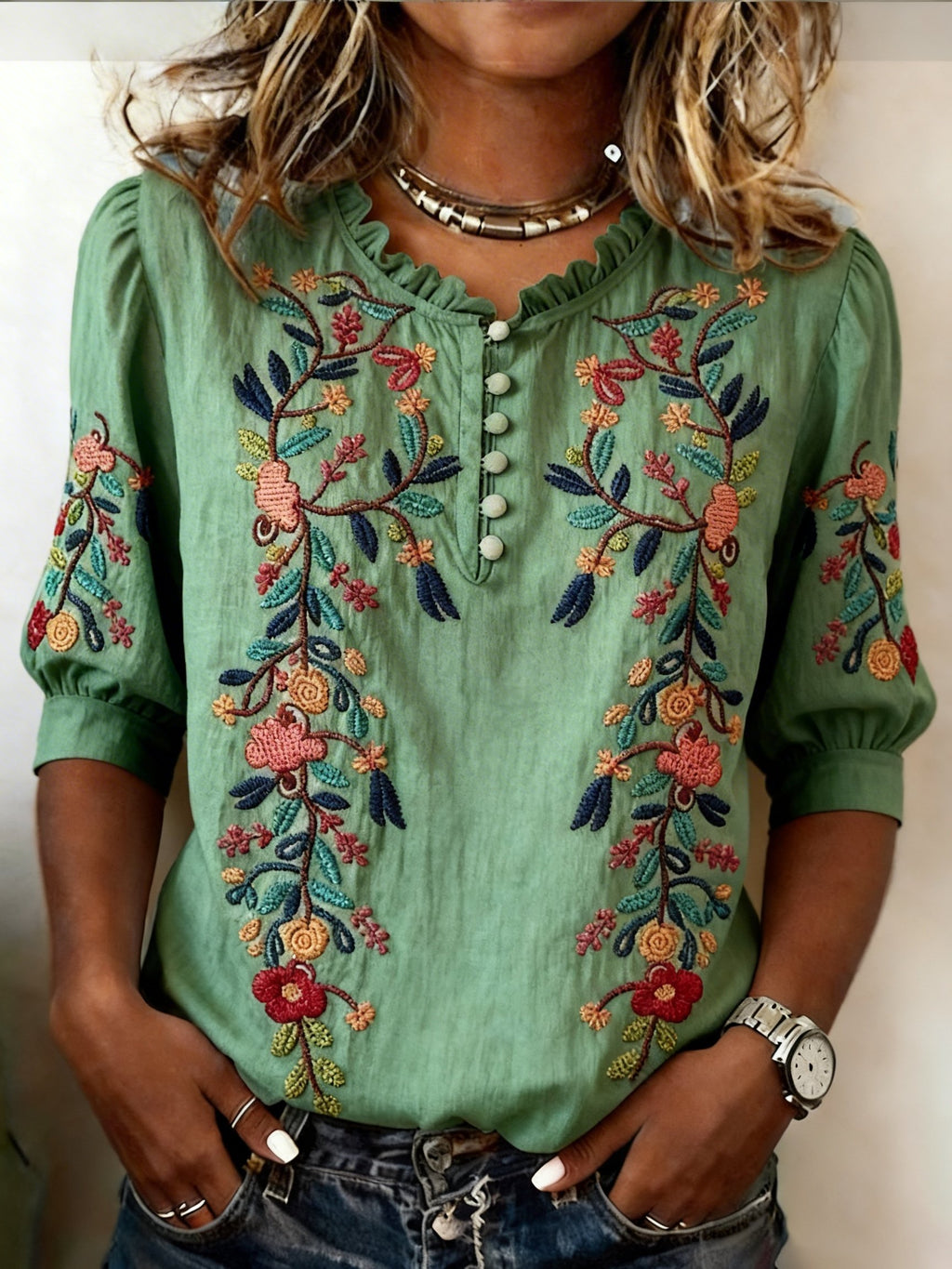Women's Floral Pattern Art Print Casual Ruffle Collar Shirt