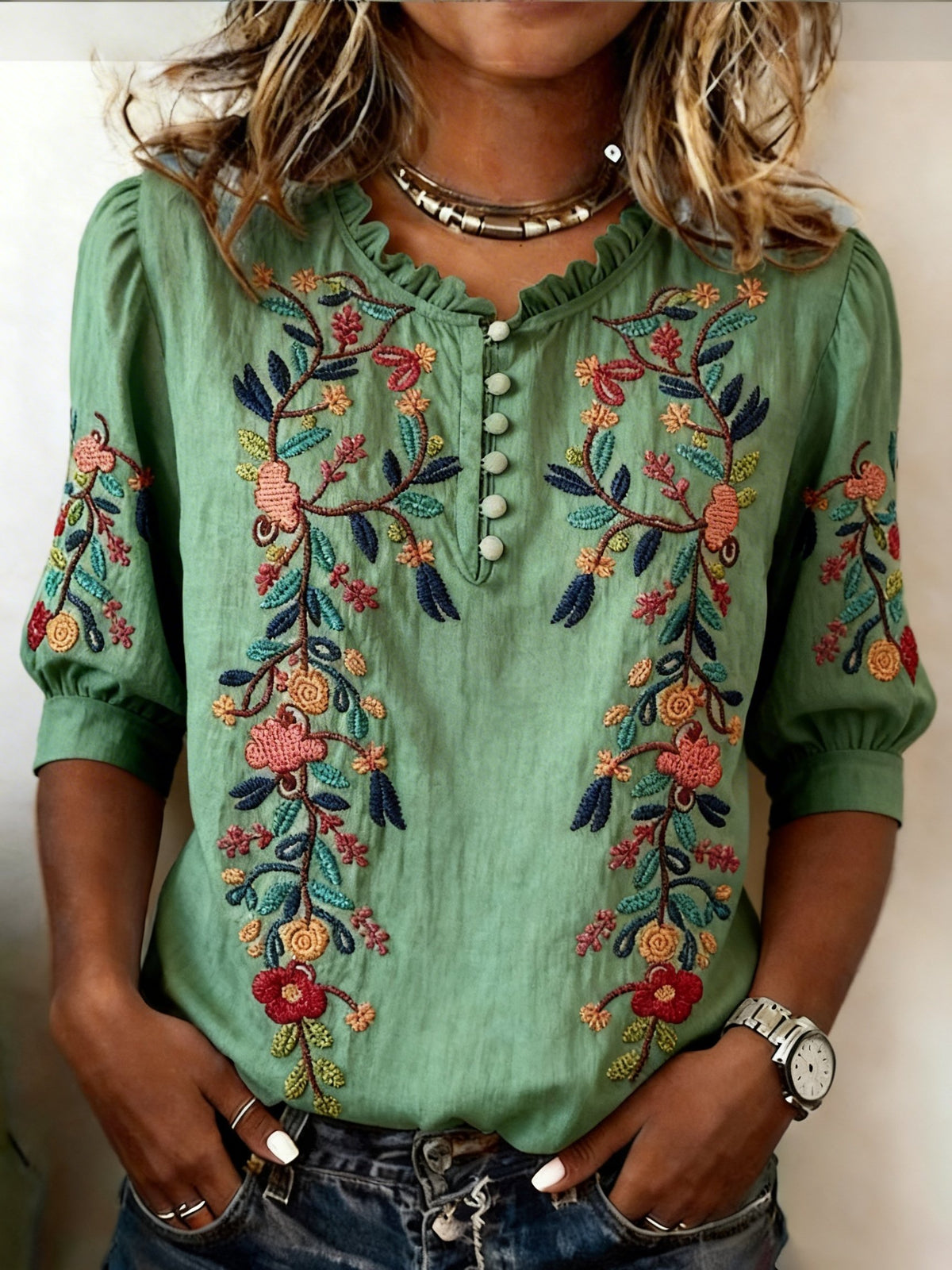 Women's Floral Pattern Art Print Casual Ruffle Collar Shirt