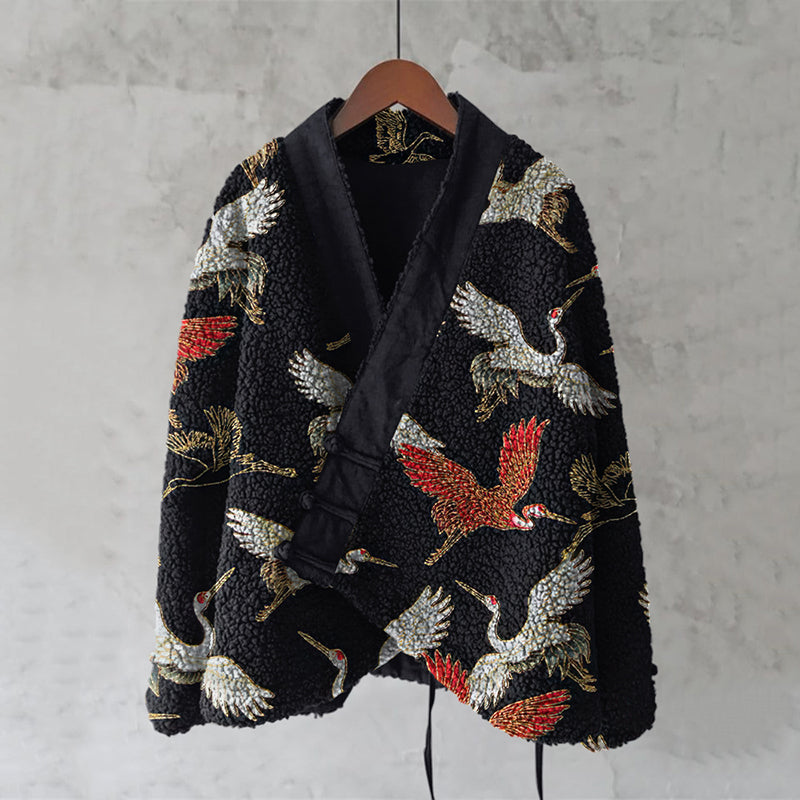 Vintage Japanese Crane Art Pattern Plush Kimono Cardigan