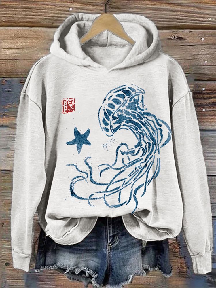 Jellyfish & Starfish Japanese Lino Art Cozy Hoodie