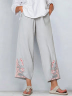 Women's Retro Color Block Floral Cotton Linen Pocket Casual Trousers