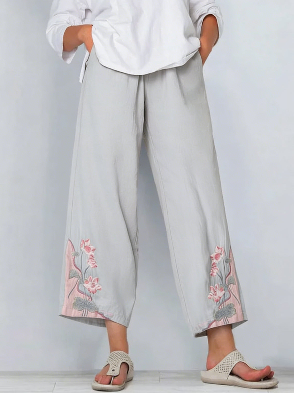 Women's Retro Color Block Floral Cotton Linen Pocket Casual Trousers