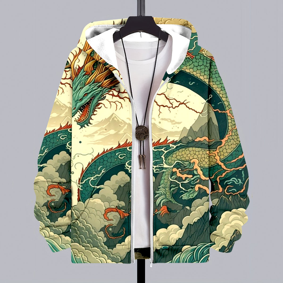 Japanese Art Dragon Print Casual Zip Hoodie