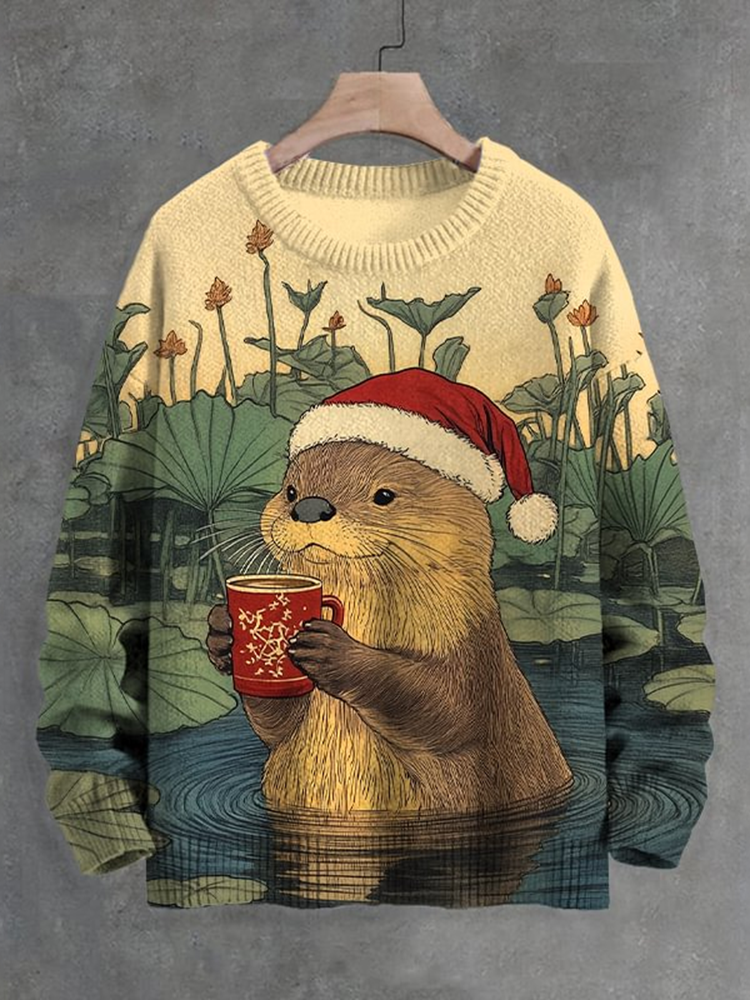 Men's Christmas Otter Drinks Coffee In The Pond Print Knit Sweatshirt
