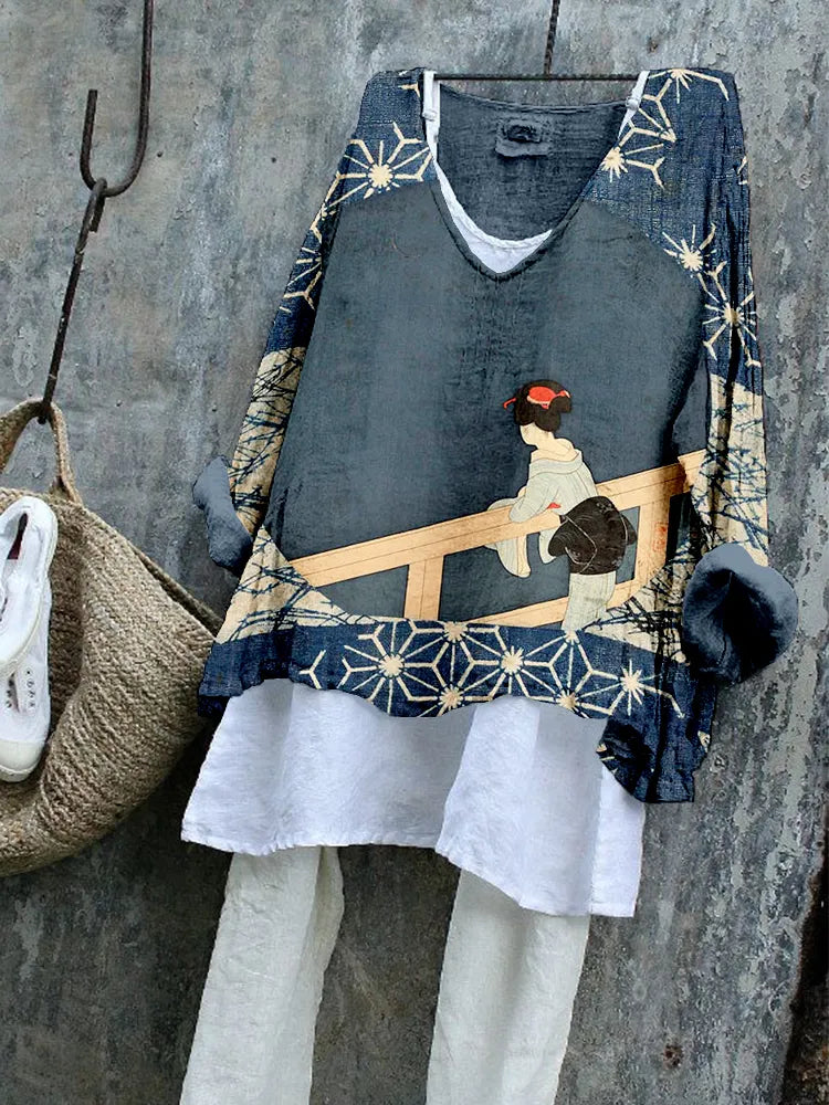 Vintage Japanes Art Pattern Linen Blend Cozy Tunic