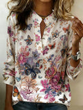Women's Artistic Floral Print Cotton Linen T-Shirt