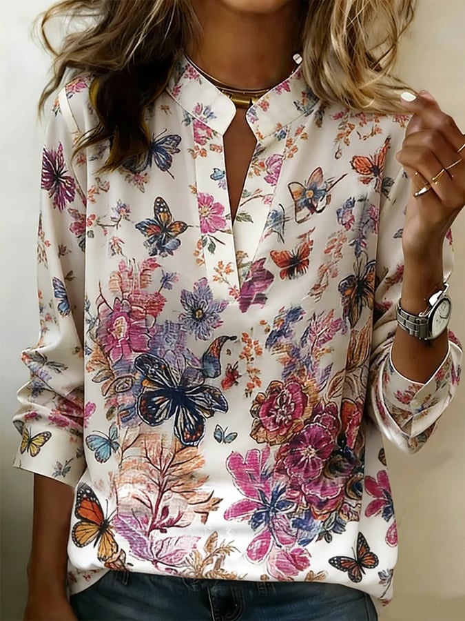 Women's Artistic Floral Print Cotton Linen T-Shirt