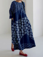 Vintage Japanese Art Pattern Linen Blend Maxi Dress