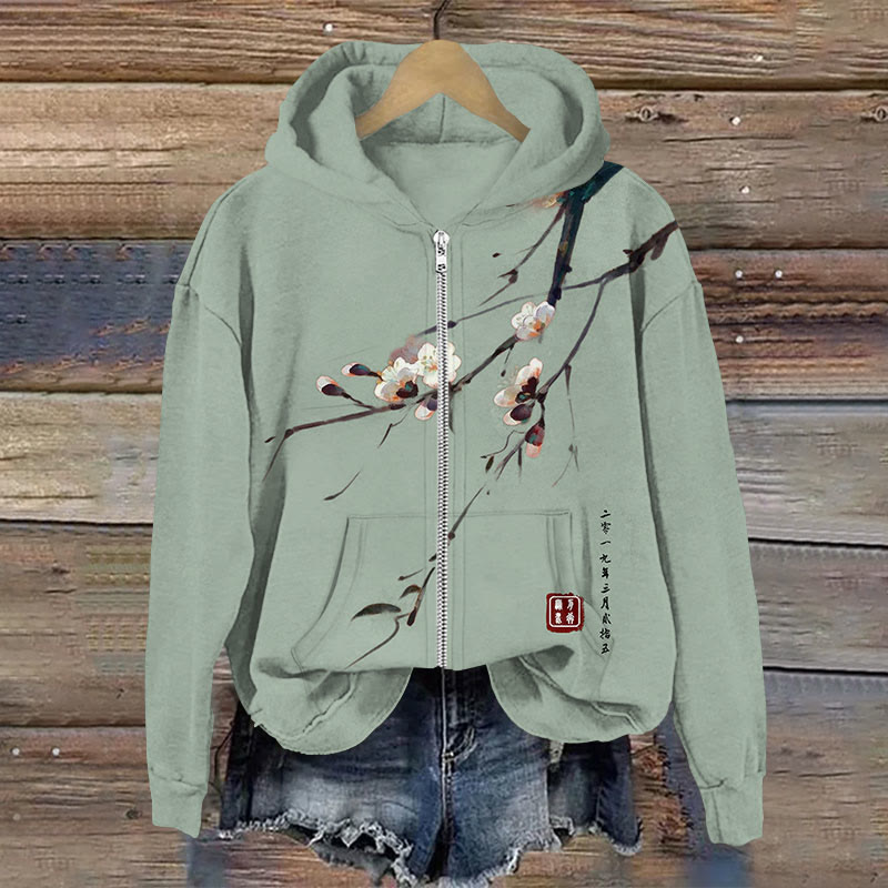 Japanese Art Sakura Print Long Sleeves Zip Hoodie