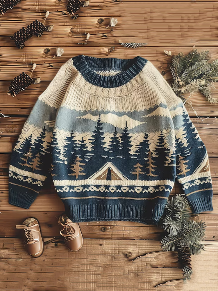 Vintage Mountain Pattern Warmth Knitted Jacquard Unisex Sweater