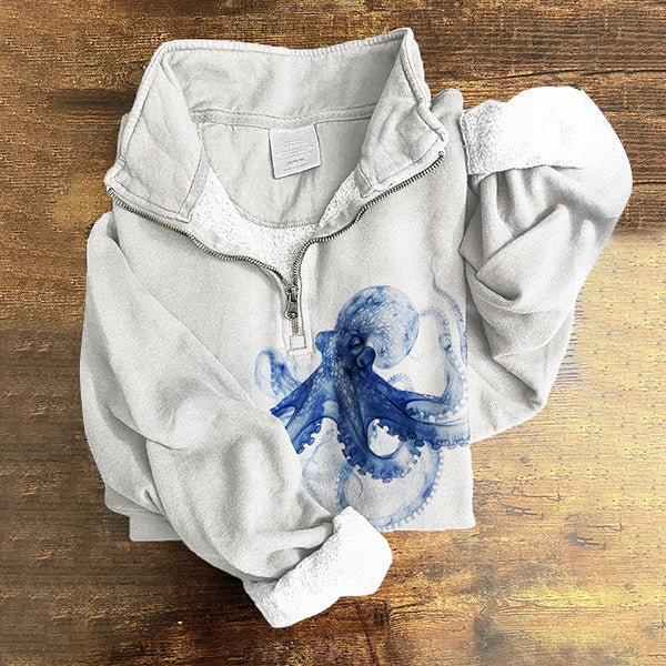 Vintage Ethereal Octopus Art Pattern Zip Up Cozy Sweatshirt