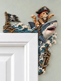 🏴‍☠️ Pirate Cat Riding Shark Door Frame Topper – Nautical Ocean Adventure Decor