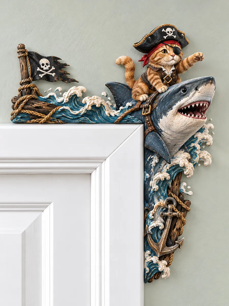 🏴‍☠️ Pirate Cat Riding Shark Door Frame Topper – Nautical Ocean Adventure Decor