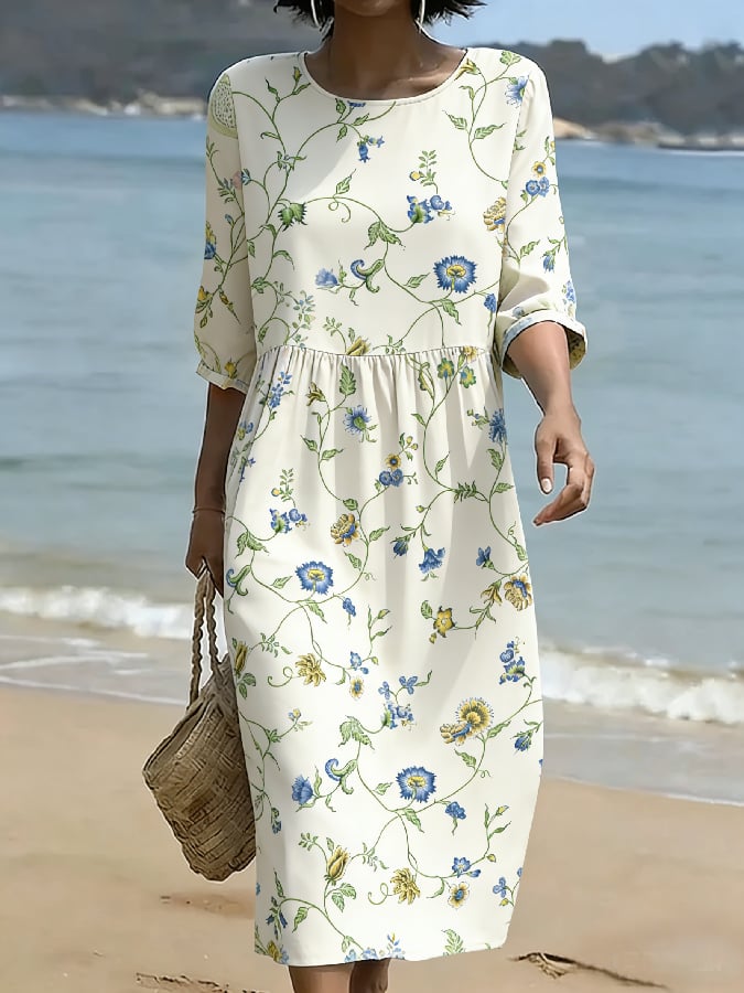 Women's Casual Cotton-Linen Floral Print Maxi Dress