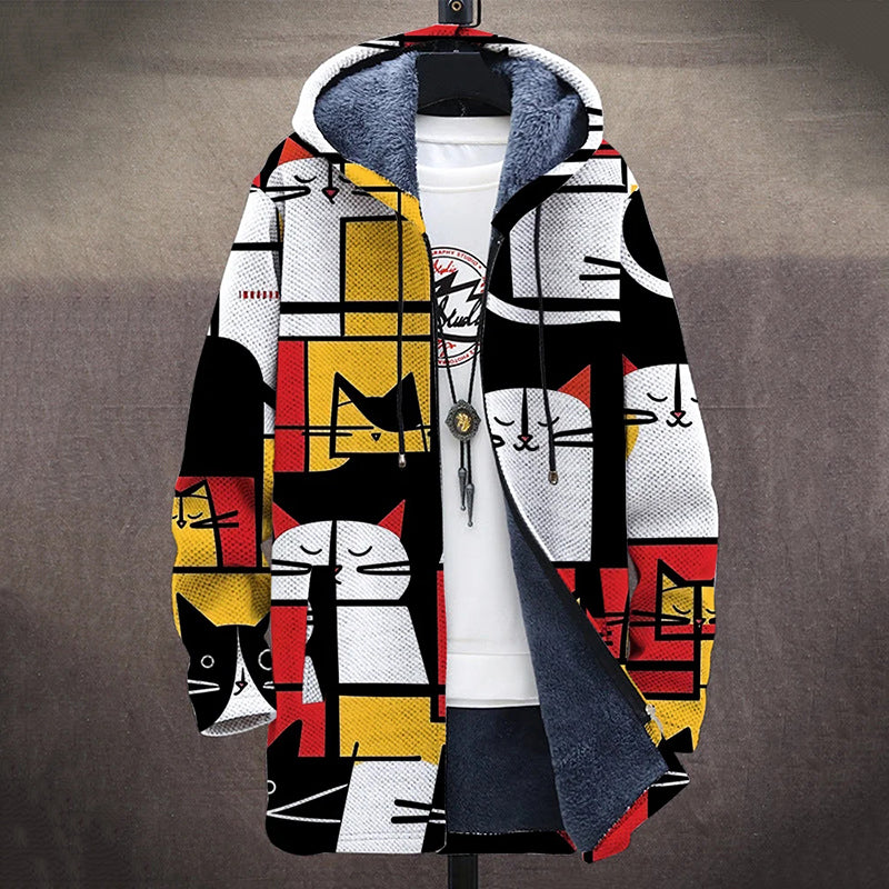 Men'S Abstract Geometric Cat Art Cozy Hooded Cardigan