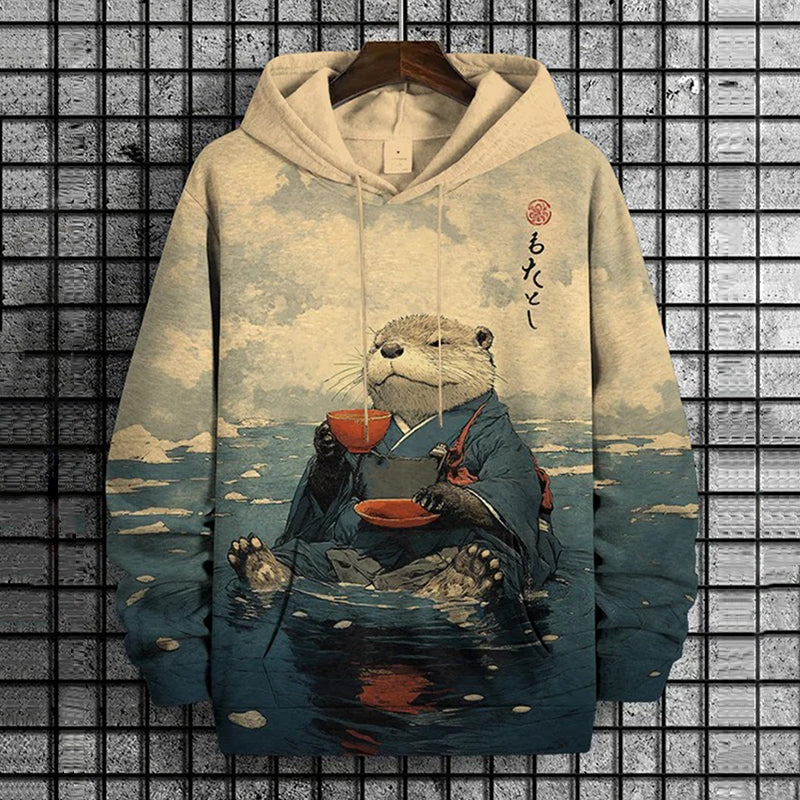 Men's River Kimono Otter Tea Drinking Japanese Art Print Casual Hoodie