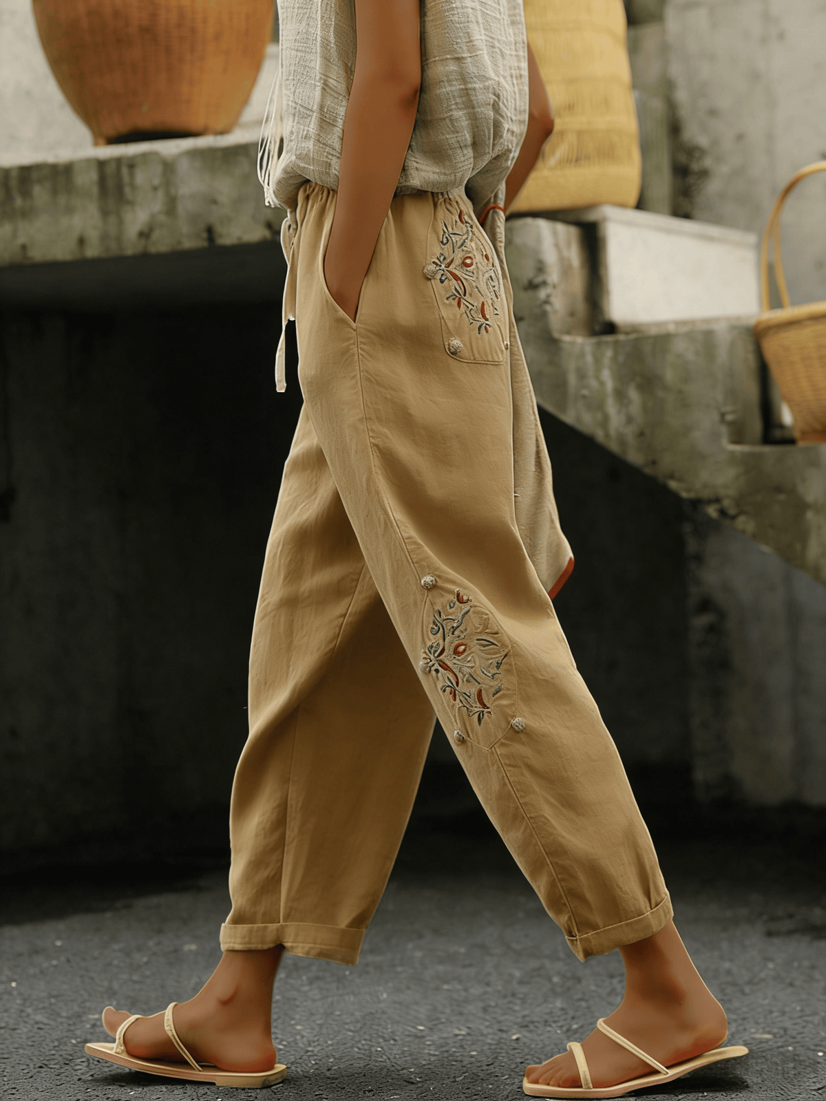 Women's Breathable Textured Cotton Linen Drawstring Cropped Pants