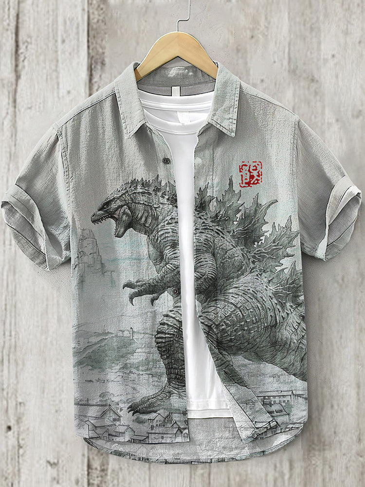 Vintage Godzilla Art Print Short Sleeved Linen Blend Shirt