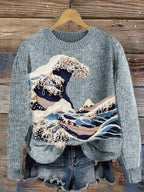 The Great Wave off Kanagawa Embroidery Cozy Knit Sweater