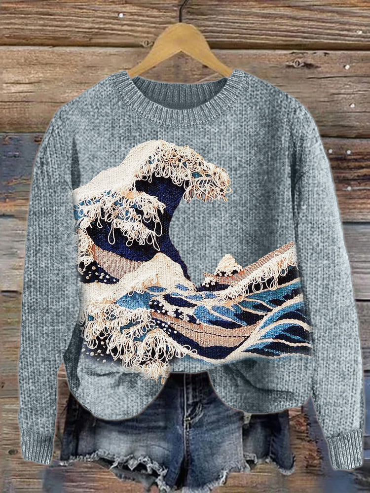 The Great Wave off Kanagawa Embroidery Cozy Knit Sweater