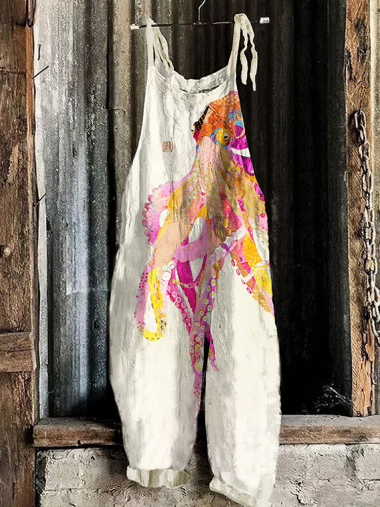 Women's Vintage Japanese Art Octopus Graphics Print Loose Jumpsuit
