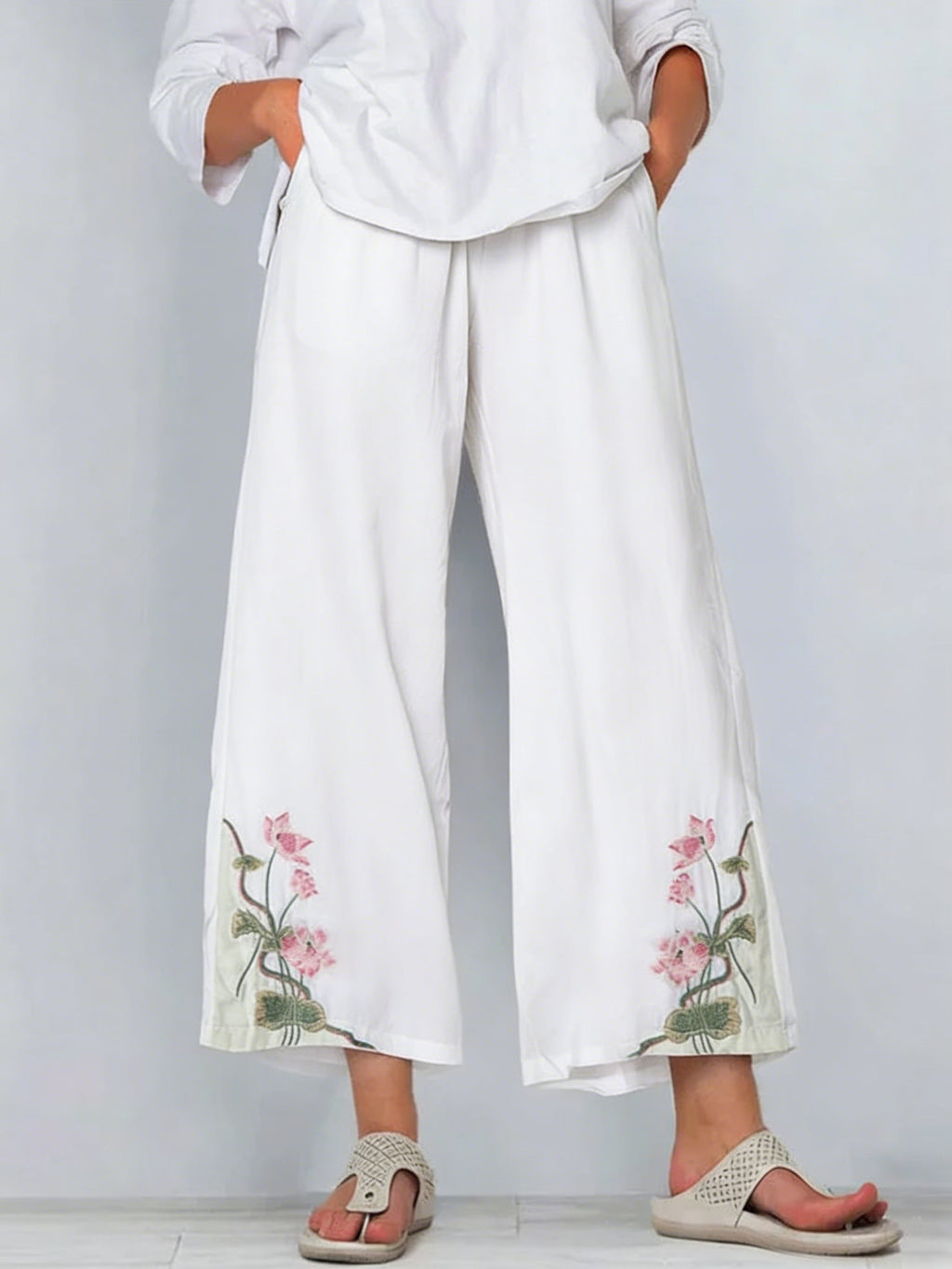 Women's Retro Color Block Floral Cotton Linen Pocket Casual Trousers