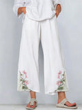 Women's Retro Color Block Floral Cotton Linen Pocket Casual Trousers
