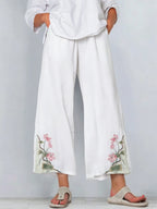 Women's Retro Color Block Floral Cotton Linen Pocket Casual Trousers
