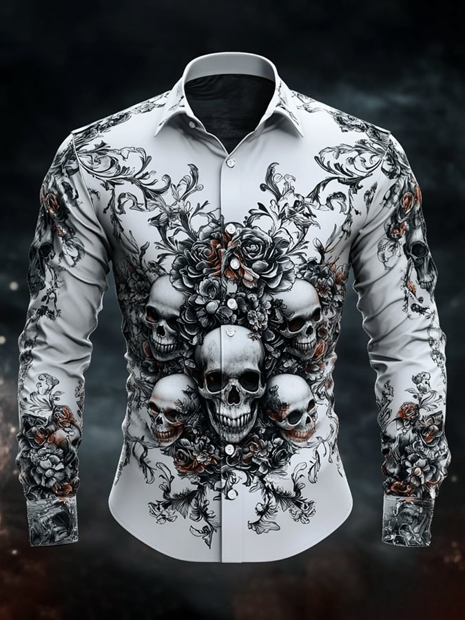Men's Casual Vintage Brogue Skull Pattern Shirt