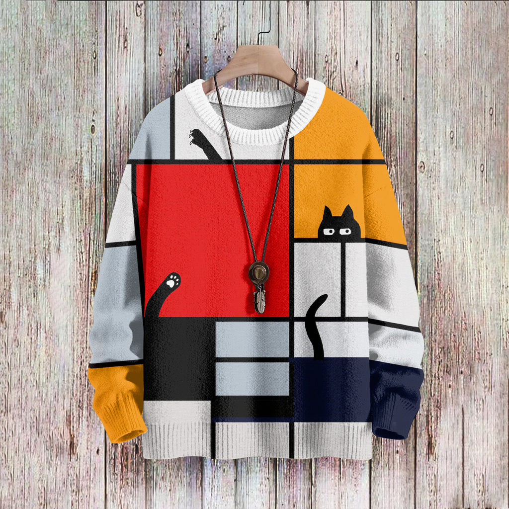 Men's Colorblock Mondrian Cat Print Casual Knit Crew Neck Sweater