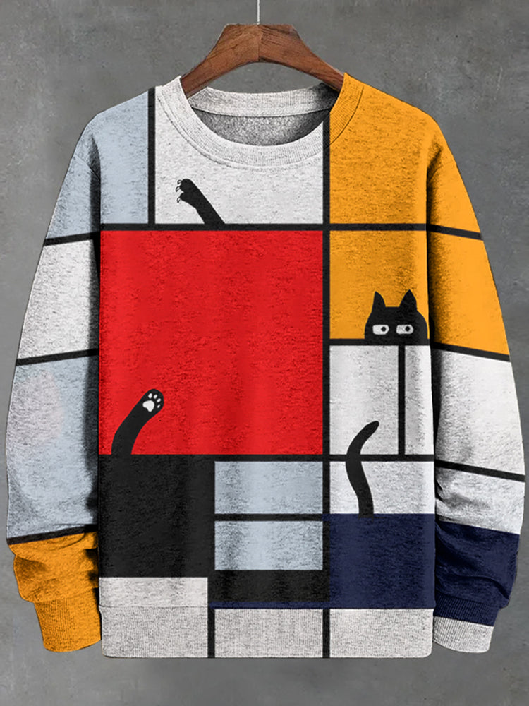 Men's Colorblock Mondrian Cat Art Print Cotton Sweatshirt
