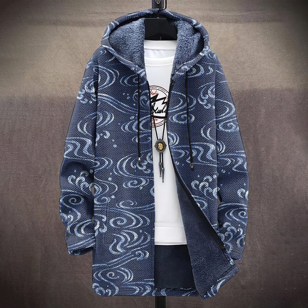 Men'S Japanese Waves Art Pattern Cozy Hooded Cardigan