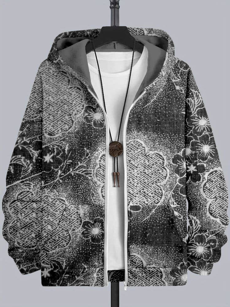 Japanese Cherry Blossom & Sayagata Patterns Full Zip Hoodie