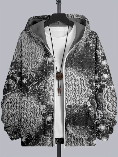 Japanese Cherry Blossom & Sayagata Patterns Full Zip Hoodie