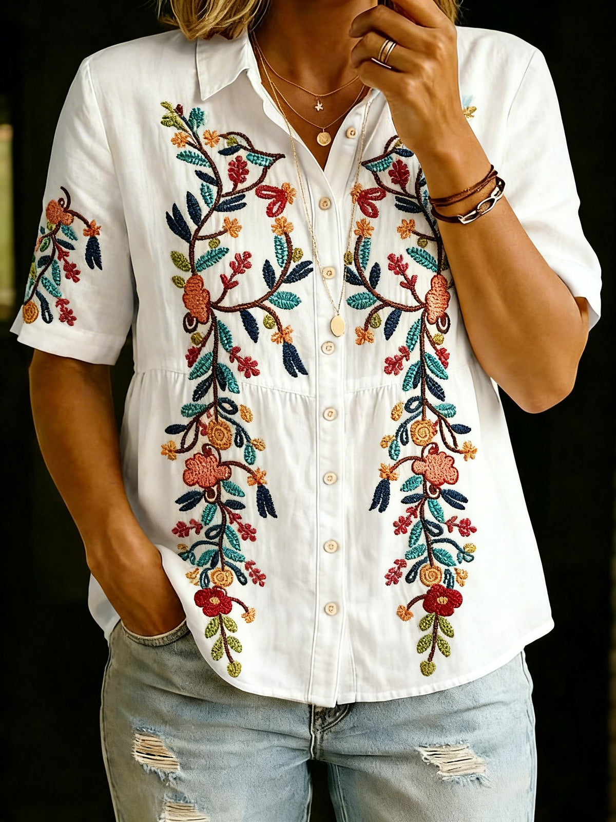 Women's Retro Floral Print Casual Comfort Short-Sleeve Shirt
