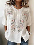 Women's Retro Floral Embroidered Cotton Linen V-Neck Blouse