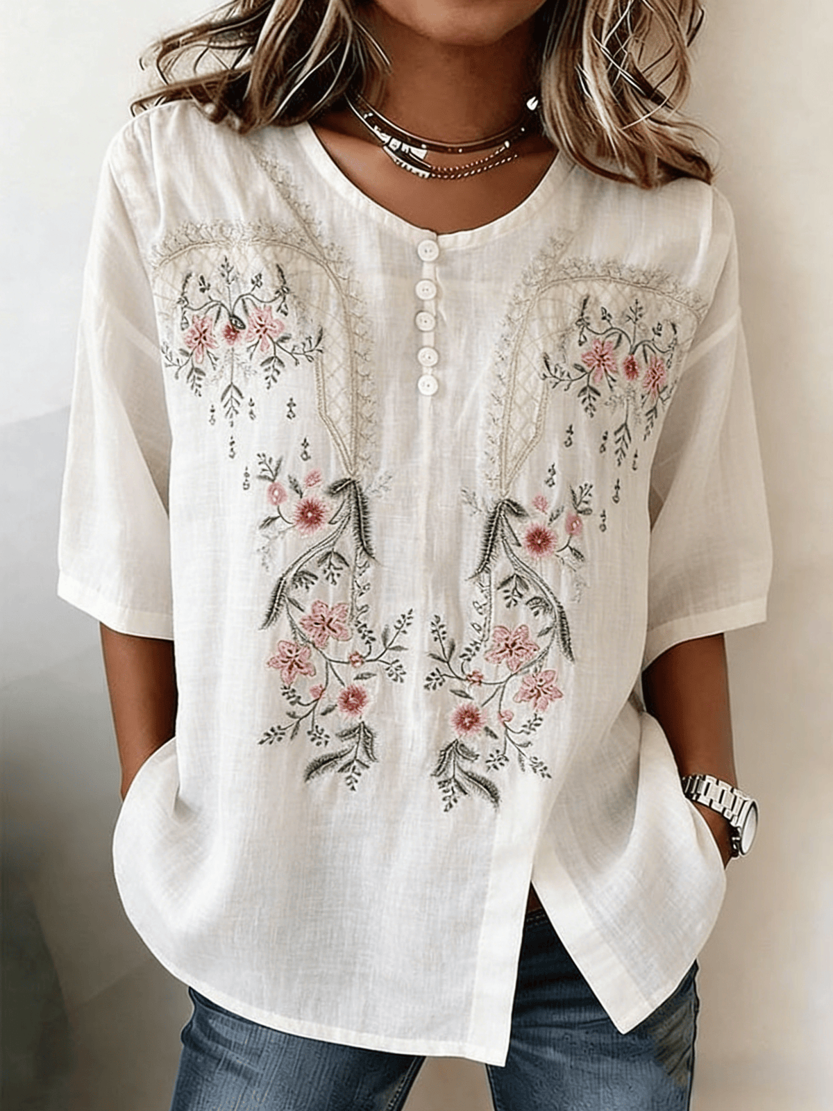 Women's Retro Floral Embroidered Cotton Linen V-Neck Blouse