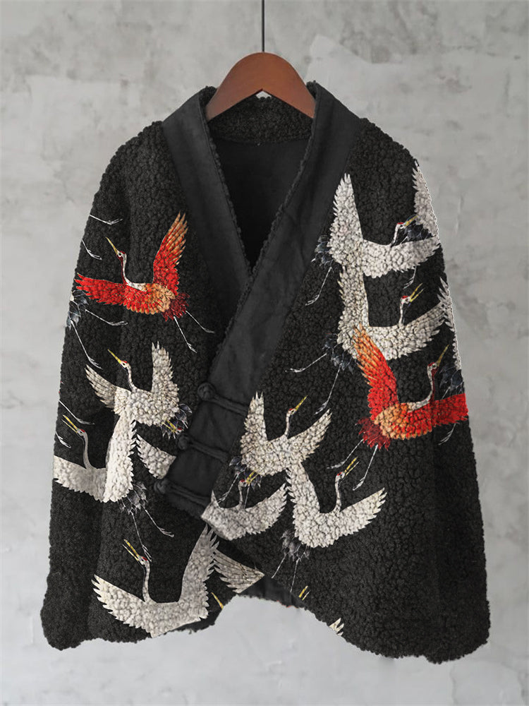 Flying Cranes Japanese Art Cozy Fleece Kimono Cardigan