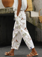 Women's Casual Cotton-Linen Trousers with Floral and Bird Print (With Pockets)